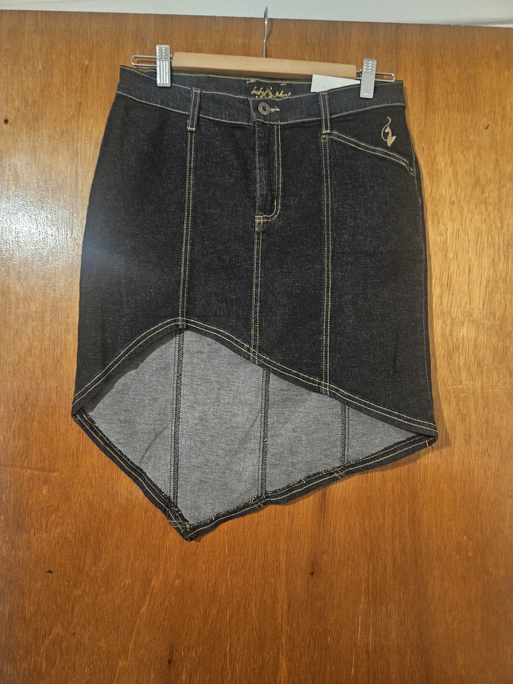 Baby Phat Black Asymmetrical Denim Skirt with Contrast Stitching